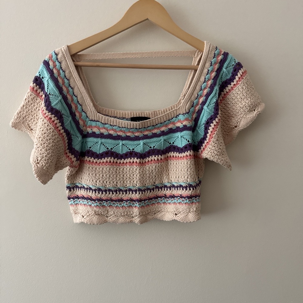 Vici Knit Crochet Colorful Cropped Square Neck Short Sleeve Top Women's Medium